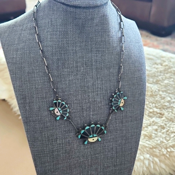Stunning Native American Zuni Inlaid Headdress Vintage Turquoise Necklace 💙🖤🎁 - Picture 13 of 14